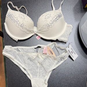 Victoria's Secret Ivory Lace Bra & Bikini Set with Embellishments